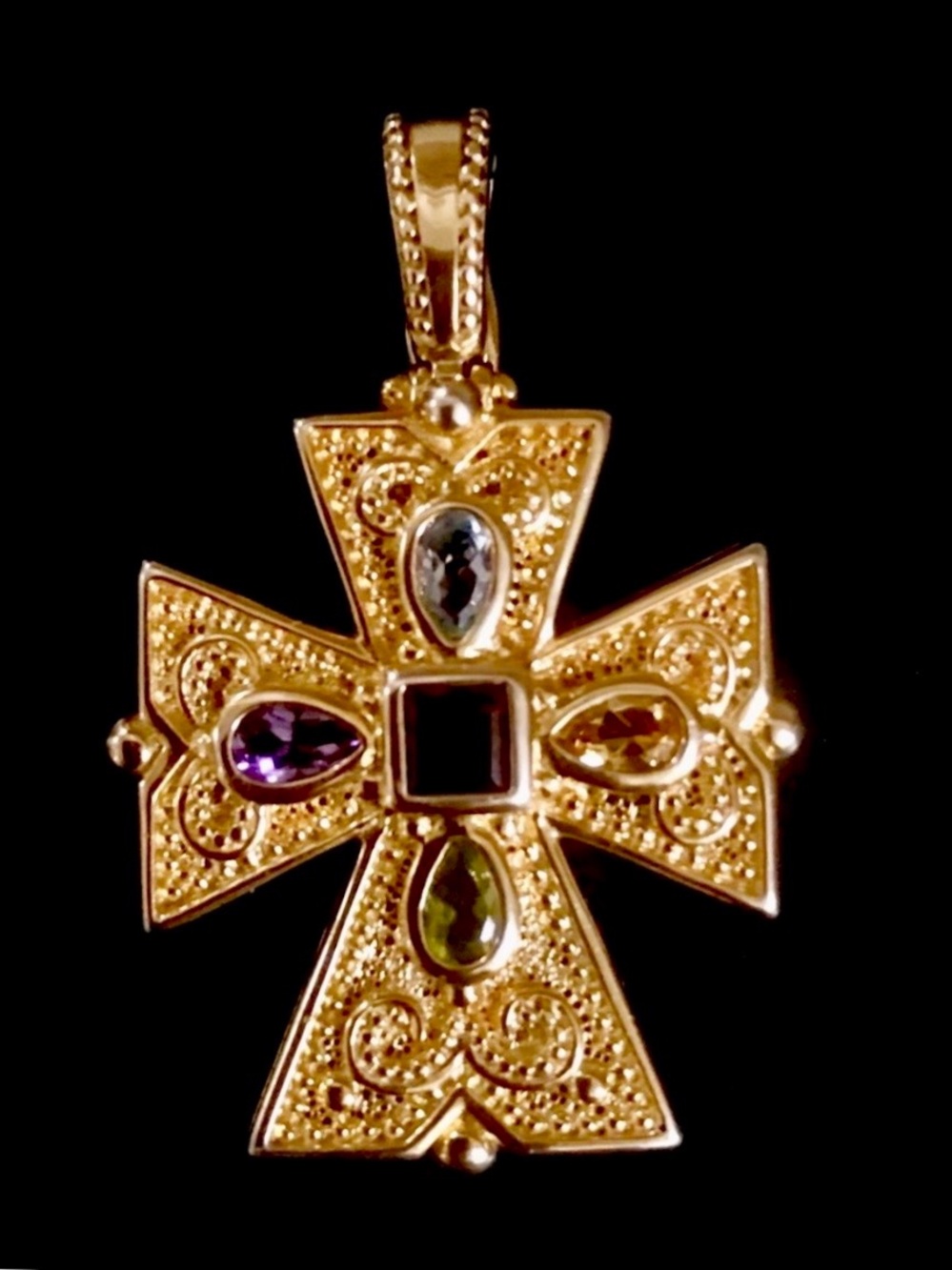 14K Gold Multi-Gem Cross Pendant